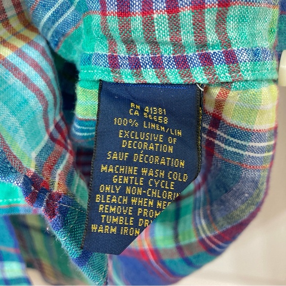 Ralph Lauren Blue Madras Plaid Linen Button Down Shirt LRG Resort Summer Preppy - Picture 7 of 9